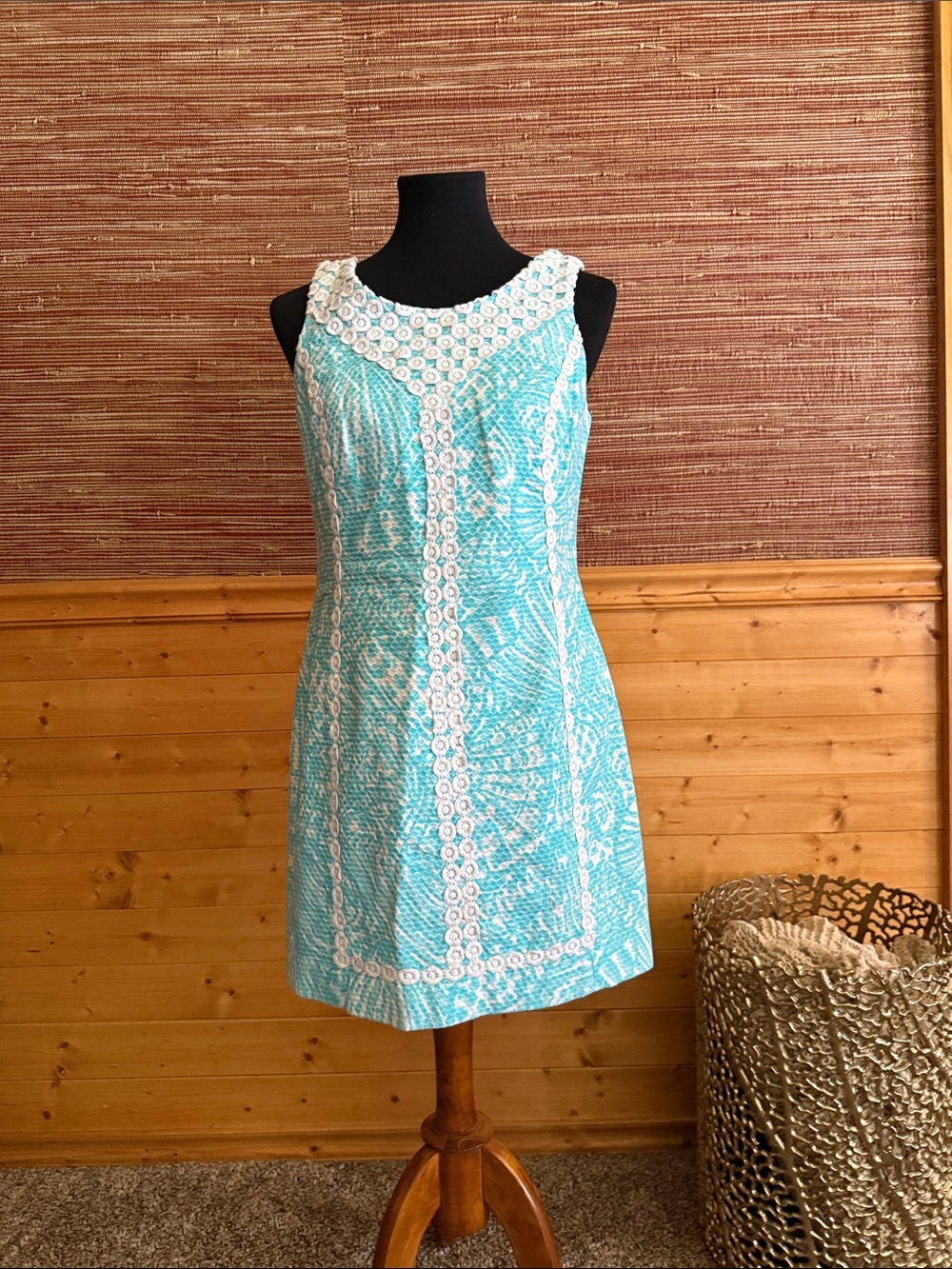 Lilly Pulitzer Aqua Shift Dress with White Lace Trim
